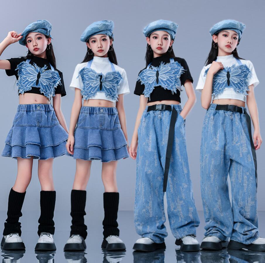 樂天商城 - 女子子供ダンス衣装 ジャズダンス デニムパンツ デニムスカート キッズダンス衣装 ヒップホップ　へそ出しシャツ 蝶ベスト ダンス衣装 子供ダンス衣装 ダンス衣装 イベント学園祭舞台ステージ衣装 演出服謝恩会 発表会 演奏会イベント110-180cm