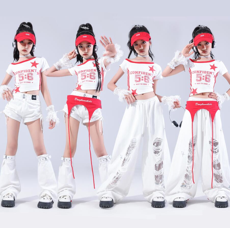 樂天商城 - 女子子供ダンス衣装 ジャズダンス へそ出しシャツ 穴付きパンツ キッズダンス衣装 ヒップホップ　腰カバー ダンス衣装 子供ダンス衣装 ダンス衣装 イベント学園祭舞台ステージ衣装 演出服謝恩会 発表会 演奏会イベント110-180cm