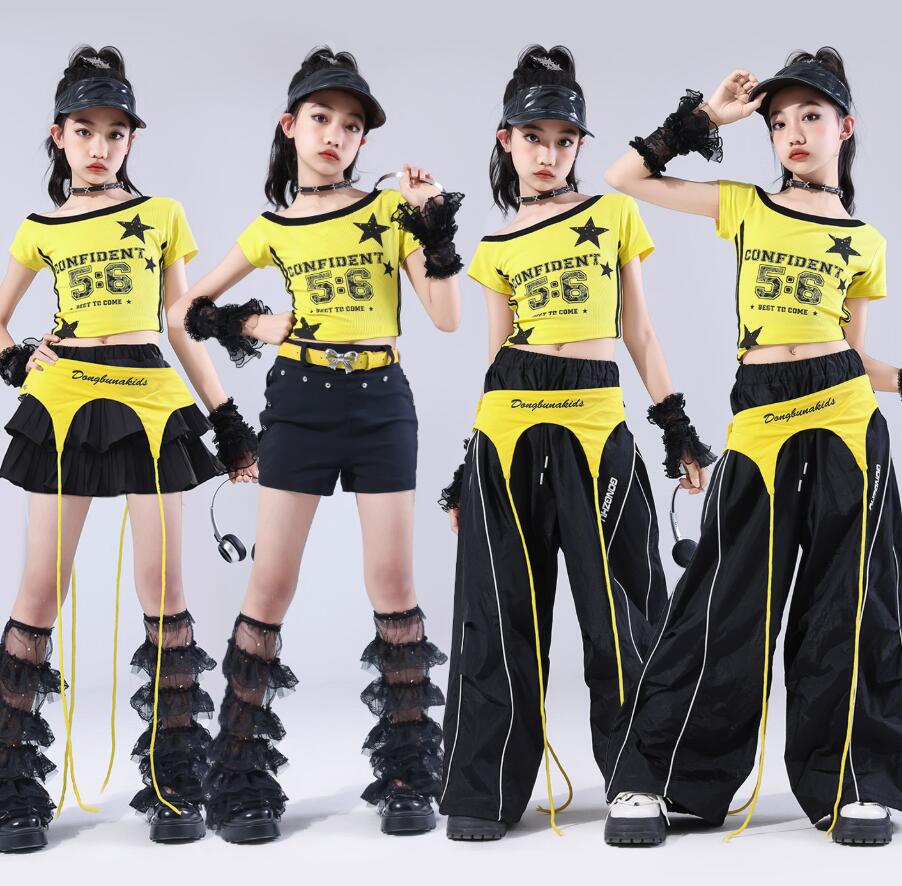樂天商城 - 黄色女子子供ダンス衣装 ジャズダンス へそ出しシャツガーコパンツ キッズダンス衣装 ヒップホップ　腰カバー ダンス衣装 子供ダンス衣装 ダンス衣装 イベント学園祭舞台ステージ衣装 演出服謝恩会 発表会 演奏会イベント110-180cm