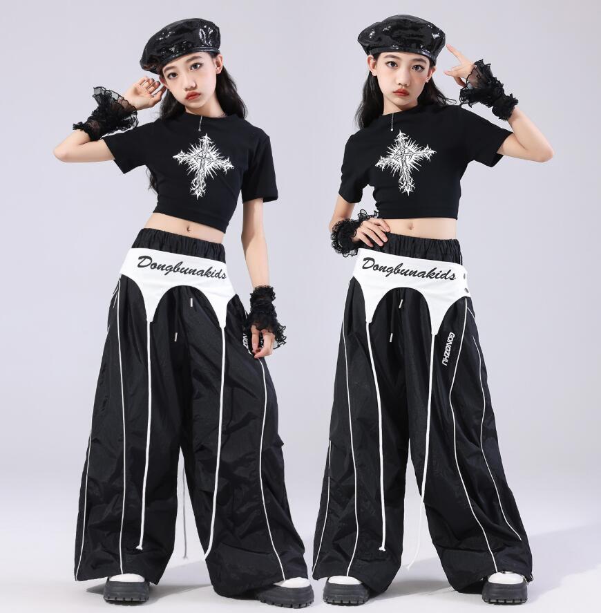 子供ダンス衣装 ジャズダンス へそ出しシャツ ガーコパンツ キッズダンス衣装 ヒップホップレース　腰カバー ダンス衣装 子供ダンス衣装 ダンス衣装 イベント学園祭舞台ステージ衣装 演出服謝恩会 発表会 演奏会イベント110-180cm