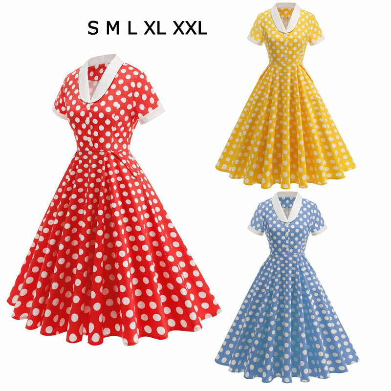 水玉柄半袖ワンピース レトロワンピース 3色ドレス 社交ダンス衣装 可愛いドレス 大きい裾ワンピース ミモレ丈ワンピース フランス風ド..