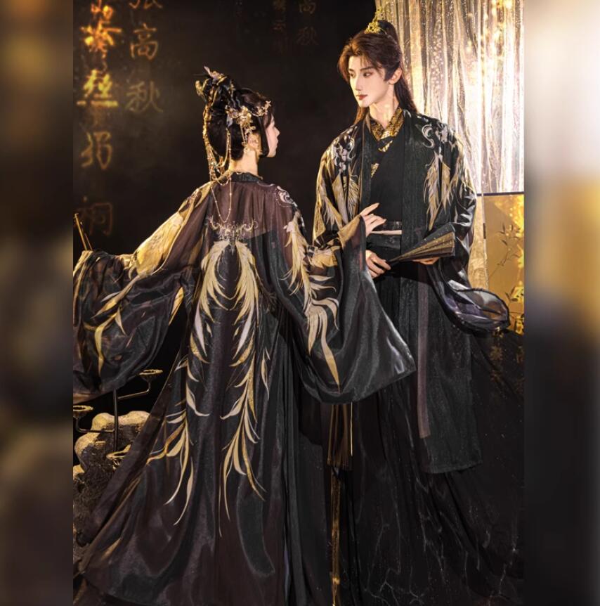 カプル漢服 大人 暗黒系 中華コスプレ衣装 メンズ レディース おしゃれ 漢服 チャイナ服 羽織付き 黒に金 仙侠 武侠 コスチューム 飄逸 中国古代服装 中華古代時代劇 コスプレ衣装 華流 ハロウィン 衣装 ベルト ブラック S M L XL 2XL 3XL