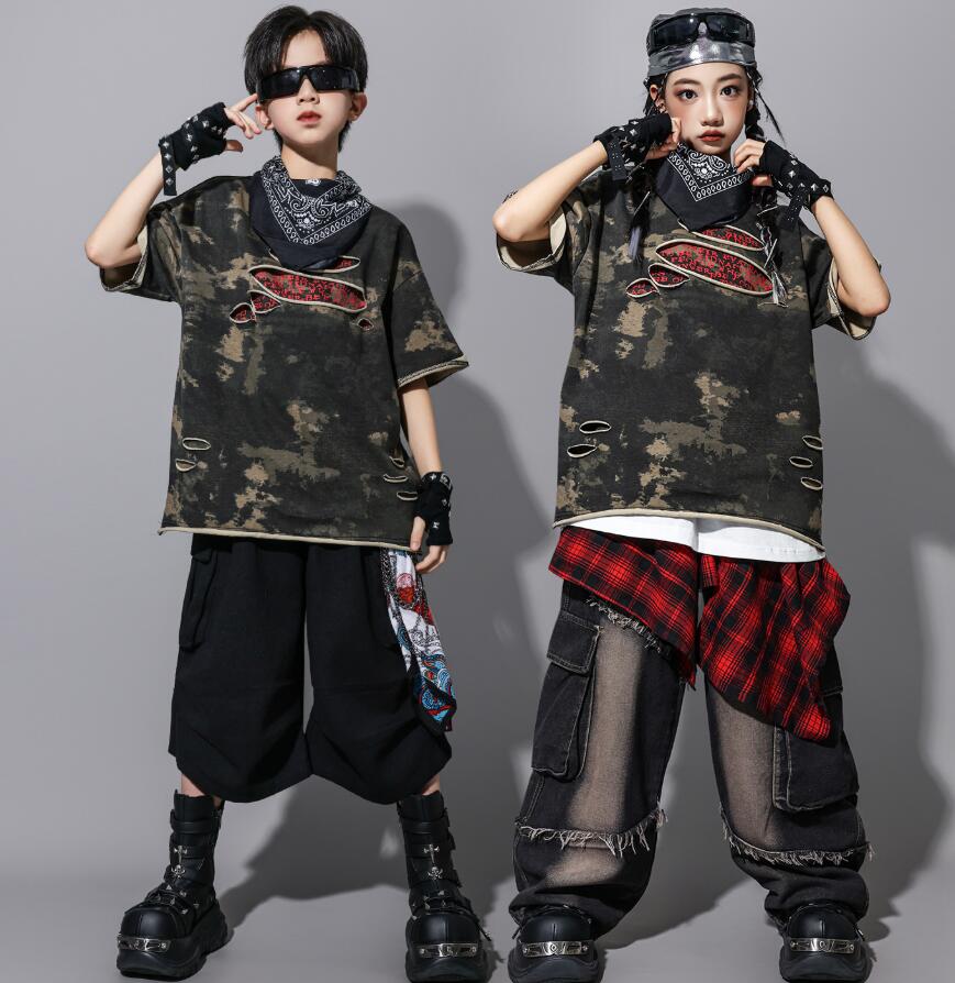 樂天商城 - hiphopダンス衣装 子供ダンス衣装 迷彩柄 ジャズダンス 男の子　チェック柄スカーフ 女の子 デニムパンツ ガーコパンツ ハーフパンツ キッズダンス衣装 ヒップホップダンス衣装 子供ダンス衣装 ダンス衣装 イベント学園祭舞台ステージ衣装 演出服謝恩会 発表会 演奏会