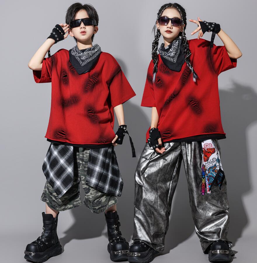Rakuten - hiphopダンス衣装 子供ダンス衣装 赤 ジャズダンス 男の子　チェック柄スカーフ 女の子 ロングパンツ ガーコパンツ ハーフパンツ キッズダンス衣装 ヒップホップダンス衣装 子供ダンス衣装 ダンス衣装 イベント学園祭舞台ステージ衣装 演出服謝恩会 発表会 演奏会