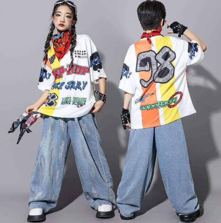 子供ダンス衣装 ゆったり半袖Tシャツ ジャズダンス デニムパンツ 男の子 女の子 hi...