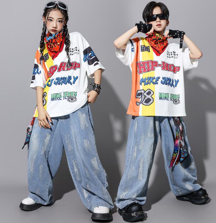 子供ダンス衣装 ゆったり半袖Tシャツ ジャズダンス デニムパンツ 男の子 女の子 hiphopダンス衣装 キッズダンス衣装 ヒップホップダンス衣装 子供ダンス衣装 ダンス衣装 イベント学園祭舞台ステージ衣装 演出服謝恩会 発表会 演奏会120-180cm
