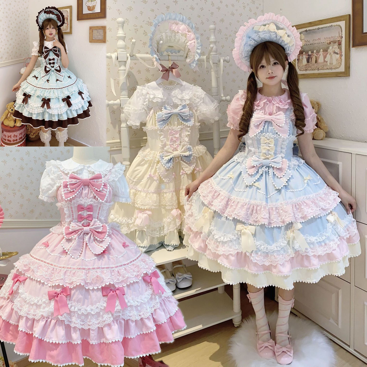 ロリータワンピース リボン付き 膝丈ドレス キャミソール ロリータ服 ミモレ丈4色 ハロウィン衣装 ゴージャス プリンセス 髪飾り追加可能 チュールドレス コスプレ衣装 撮影衣装 舞台劇 オペラ 舞台演出服 学園祭 発表会 演出服 萌え萌え コスチューム S M L