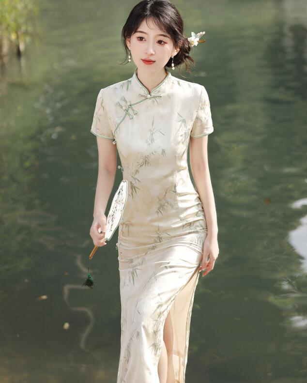 樂天商城 - ロング チャイナドレス　竹柄 中華服 レディース 大きい花柄 大人 チャイナ服 チャイナカラー 中華風 パーティー 二次会 演奏会 ドレス 華流 コスプレ 舞台 ステージ ダンス 衣装 古典 撮影 衣裳 ニ胡 箏 演奏服 マキシー丈 M～3XL 大きいサイズ有　半袖ドレス