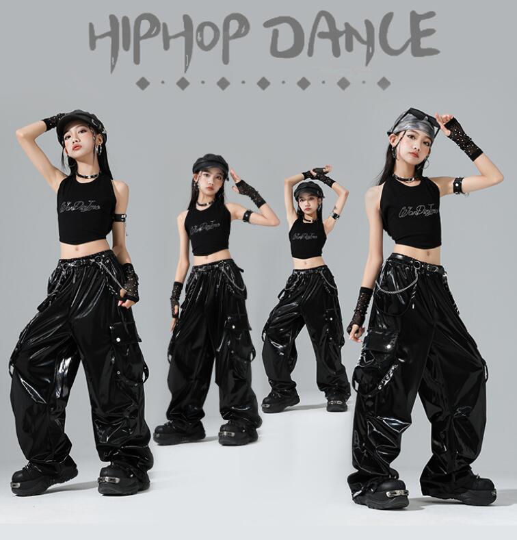 黒キャミソール ジャズダンス衣装 キッズダンス衣装 光沢あり ジャズダンス 女の子 hiphopダンス衣装 ..