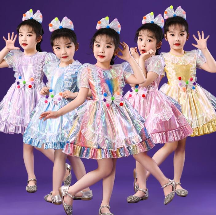樂天商城 - 女の子ワンピース　髪飾り付き カラフル 光沢あり 社交ダンス衣装 5colors 女の子ワンピース DSモダンダンス チアダンス衣装 応援団 ジャズ ダンス 衣装 きらきら 舞台 ステージ衣装 余興 ダンス衣装 ハロウィン コスプレ ダンス衣装100-150cm