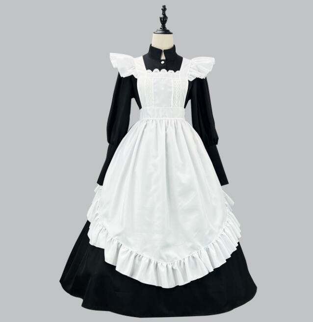 樂天商城 - メイド服 長袖 ドレス ロング丈ワンピース 萌え萌え Lolitaエプロ付き ロリータ ワンピースメイド お姫様 ロリータドレス女性 大人 コスチューム ハロウィン コスプレ 可愛い フリル裾 エプロンドレス カチューシャ付 学園祭 舞台衣装 仮装 女装
