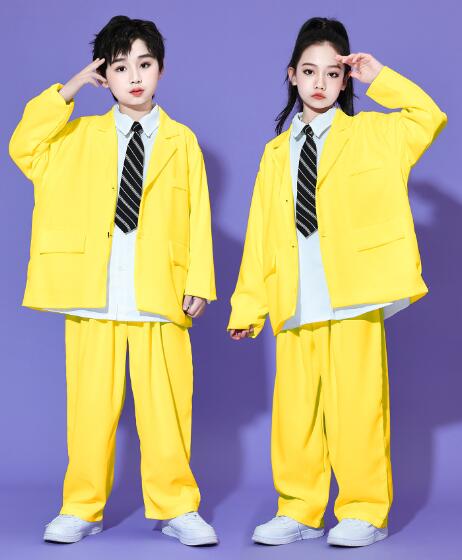 子供ダンス衣装 カジュアルスーツセット イエロー ジャズダンス衣装 ヒッポホップ ジャズ ダンス 衣装 舞台 ステージ衣装 余興 ダンス衣装 hiphopダンス...