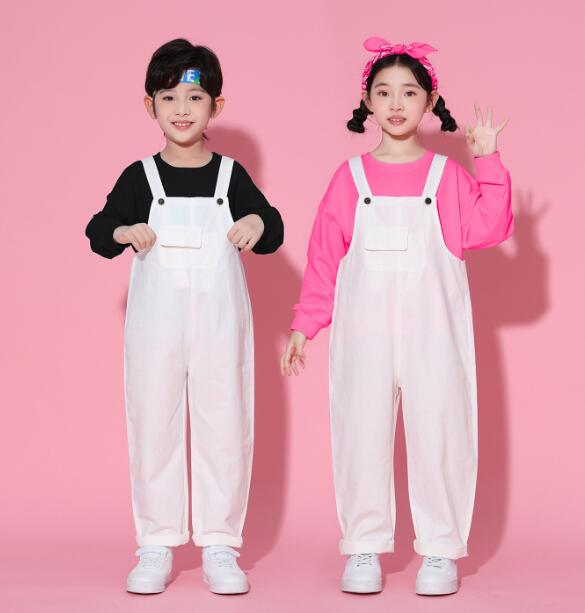 maybe02shopの子供ダンス衣装 白サロペット カラフルトップス　ジャズダンス衣装 ヒッポホップ ジャズ ダンス 衣装 舞台 ステージ衣装 ダンス衣装 hiphopダンス衣装男の子 女の子 小学生 中学生 単品/セット対応可能 韓国 演出服 舞台服 発表会 団体服 普段着 ジャズダンス HIPHOP K-POP｜アングル2