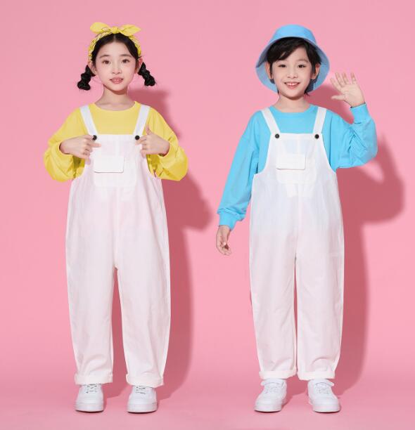 maybe02shopの子供ダンス衣装 白サロペット カラフルトップス　ジャズダンス衣装 ヒッポホップ ジャズ ダンス 衣装 舞台 ステージ衣装 ダンス衣装 hiphopダンス衣装男の子 女の子 小学生 中学生 単品/セット対応可能 韓国 演出服 舞台服 発表会 団体服 普段着 ジャズダンス HIPHOP K-POP｜アングル3