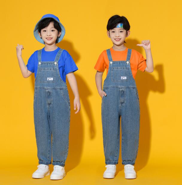 デニムサロペット 子供ダンス衣装 カラフル半袖シャツ ジャズダンス衣装 ヒッポホ...