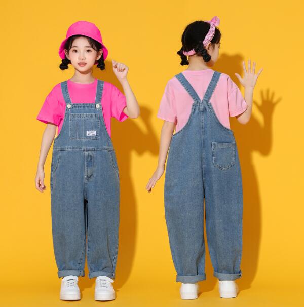 デニムサロペット 子供ダンス衣装 カラフル半袖シャツ ジャズダンス衣装 ヒッポホ...