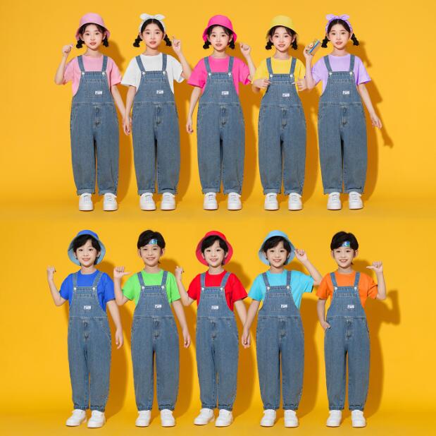 樂天商城 - デニムサロペット 子供ダンス衣装 カラフル半袖シャツ ジャズダンス衣装 ヒッポホップ ジャズ ダンス 衣装 舞台 ステージ衣装 ダンス衣装ダンス衣装男の子 女の子 小学生 中学生 単品/セット対応可能 韓国 演出服 舞台服 発表会 団体服 普段着 ジャズダンス HIPHOP K-POP