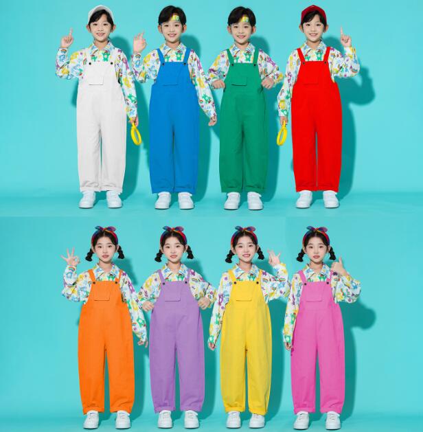 子供ダンス衣装 サロペット カラフル　可愛いシャツジャズダンス衣装 ヒッポホップ ジャズ ダンス 衣装 舞台 ステージ衣装ダンス衣装 ダンス衣装男の子 女の子 小学生 中学生 単品/セット対応可能 韓国 演出服 舞台服 発表会 団体服 普段着 ジャズダンス HIPHOP K-POP