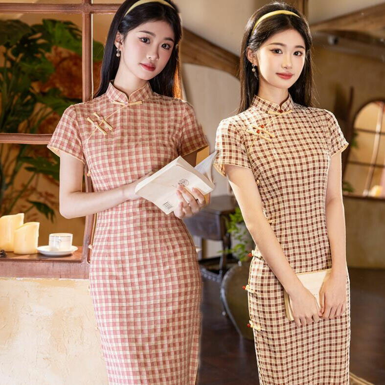 樂天商城 - チェック柄ドレス チャイナドレス　 ロング チャイナドレス　民国 中華服 レディース 大人 チャイナ服 中華風 パーティー 二次会 演奏会 ドレス 華流 コスプレ 舞台 ステージ ダンス 衣装 古典 撮影 衣裳 ニ胡 箏 演奏服 マキシー丈 M～3XL 大きいサイズ有　半袖ドレス