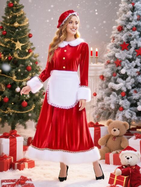 樂天商城 - サンタ 衣装3点セット マキシ丈ドレス クリスマス衣装ワンピースふわふわ 帽子 エプロン付き 可愛い サンタ コス サンタクロース コスプレ衣装 ハロウィン クリスマス 仮装 変装 コスチューム