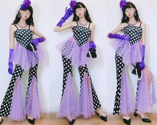 Rakuten - 子供ジャズダンス衣装 ドット柄フレアパンツ フレア ジャズダンス衣装 レトロ 女の子 舞台衣装 トップス ノスタルジックス風 時代感 モデル 演出服 団体 ステージ チーム hippop イベント ファッションショー ステージ衣装 文化祭 原宿系 子供演出服