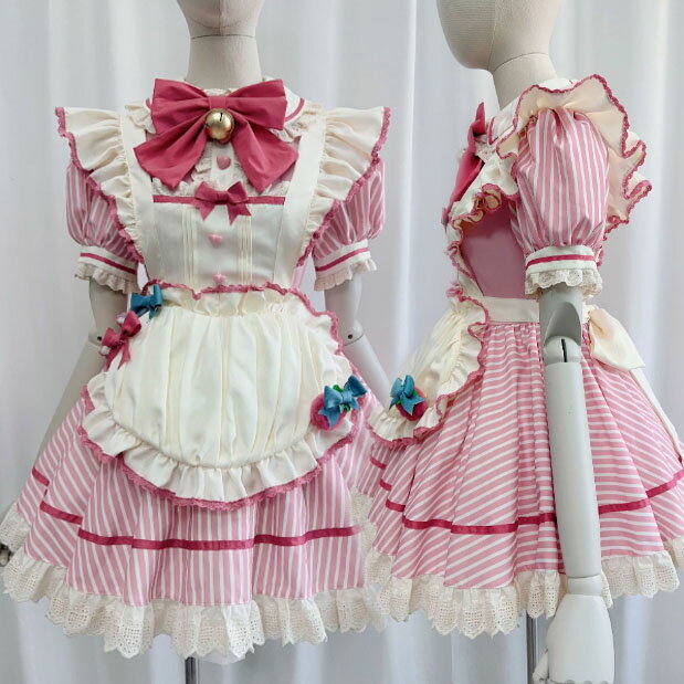 Rakuten - コスプレ衣装 lolita ストライプ柄 メイド服 可愛い 膝丈 メイドワンピース 半袖ワンピース メイドコスチューム メイド服 コスプレ ロリータ ワンピース メイド喫茶 cosplay エプロン ワンピ ハロウィン イベント 仮装 大きいサイズあり S M L