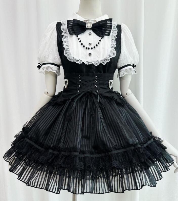樂天商城 - ロリータワンピース コスプレ衣装 lolita ストライプ柄 メイド服 可愛い 膝丈 メイドワンピース 半袖ワンピース メイドコスチューム メイド服 コスプレ ロリータ ワンピース メイド喫茶 cosplay エプロン ワンピ ハロウィン イベント 仮装 大きいサイズあり