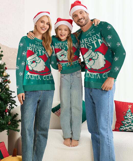 樂天商城 - クリスマス風セーター 緑 カップルペア クリスマスニットセーター 男/女/キッズ長袖 クルーネック サンタクロース カジュアル風 秋物 秋冬 普段着 クリスマスパーティー ニットウェア カットソー ニットソー クリスマスプレゼント サンタクロース