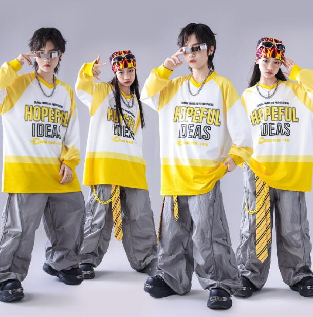 樂天商城 - ゆったりシャツ　黄色ジャズダンス衣装 ヒップホップ 女の子/男の子　 ガーコパンツ ジャズ ダンス 衣装 舞台 ステージ衣装 余興 ダンス衣装 hiphopダンス衣装 小学生 中学生 結婚式 韓国 演出服 舞台服 発表会 団体服 普段着 ジャズダンス HIPHOP K-POP