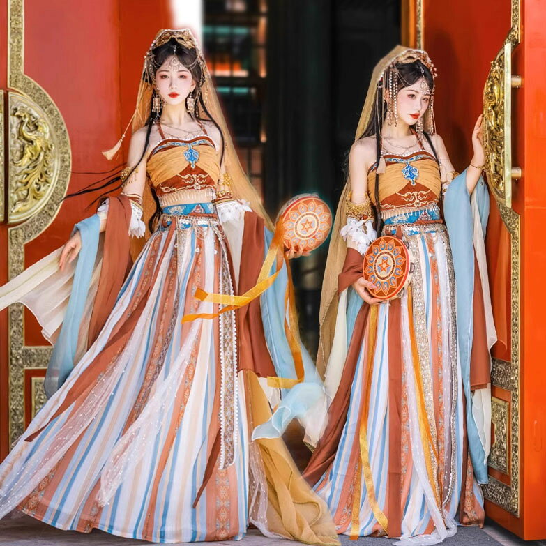 樂天商城 - コスプレ衣装 ハロウイン衣装 中華風衣装 漢服 民族風子供 敦煌飛天 コスプレ ハロウィン　コスチューム 仮装 半袖 ショート丈トップス ロング スカート スパンコール 刺繍 プリンセス コスチューム ステージ演出衣装