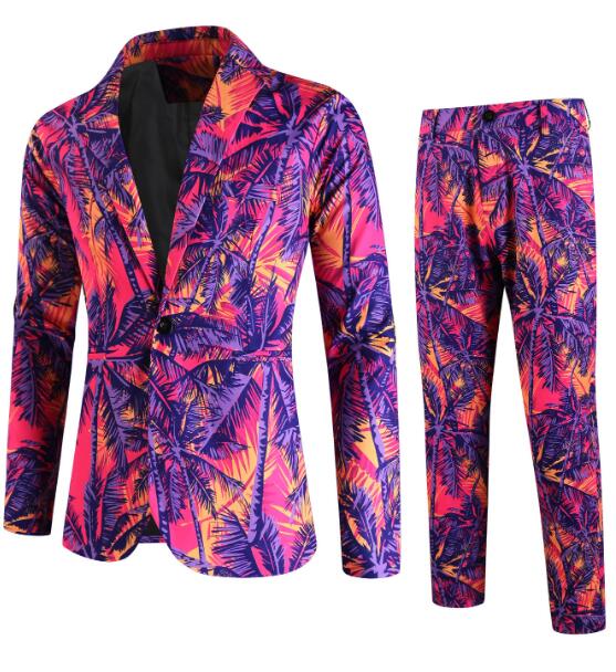 メンズスーツセット パープル クリスマススーツ メンズ クリスマスパーティー衣装 メンズ 舞台 演出服 総柄スーツ コート パンツ サンタクロース シンガー カラオケ 魔術師 演出服 花柄スーツスーツ t単品/2点セット 対応可能