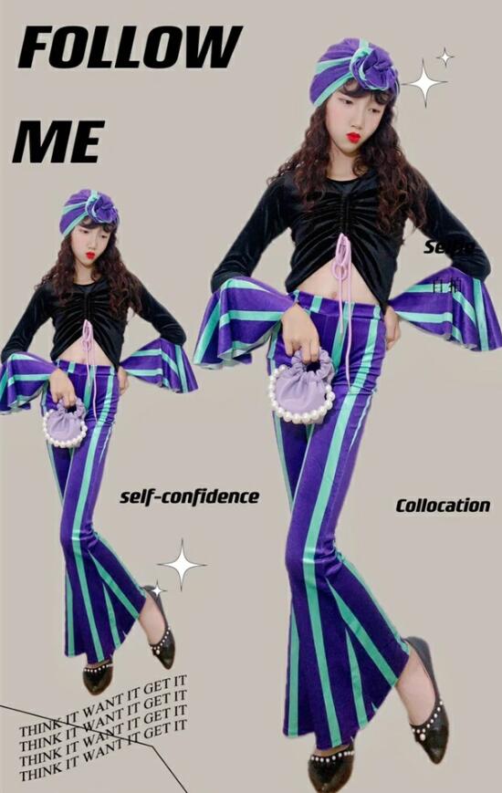 樂天商城 - 女の子 ダンス衣装　ラテンダンスレトロ ストライプ柄 フレアパンツ 長袖 へそ出し 復古風 ヒップポップ ジャズダンス デスコ風 ラッパパンツ モデル 演出服 団体 チアガール イベント ステージ衣装 文化祭 子供演出服 社交ダンス コスチューム 撮影衣装 キッズ HIPHOP