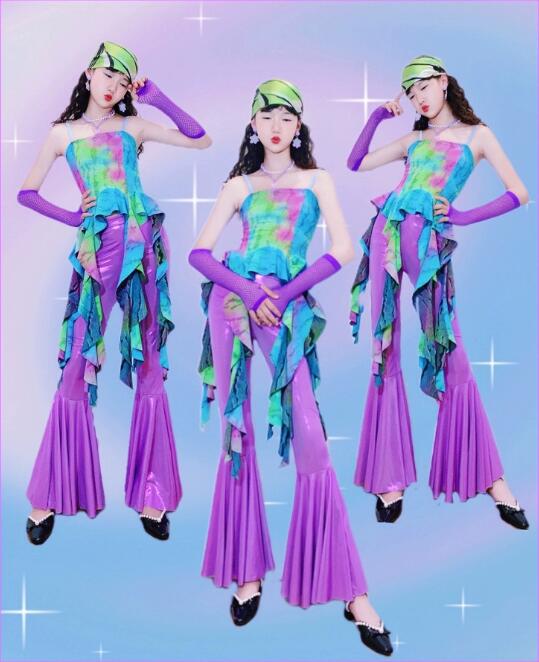 樂天商城 - ラテンダンス 女の子 ダンス衣装　レトロフレアパンツ キャミソール フリル付き 飄逸 復古風 ヒップポップ ジャズダンス デスコ風 ラッパパンツ モデル 演出服 団体 チアガール イベント ステージ衣装 文化祭 子供演出服 社交ダンス コスチューム 撮影衣装 キッズ