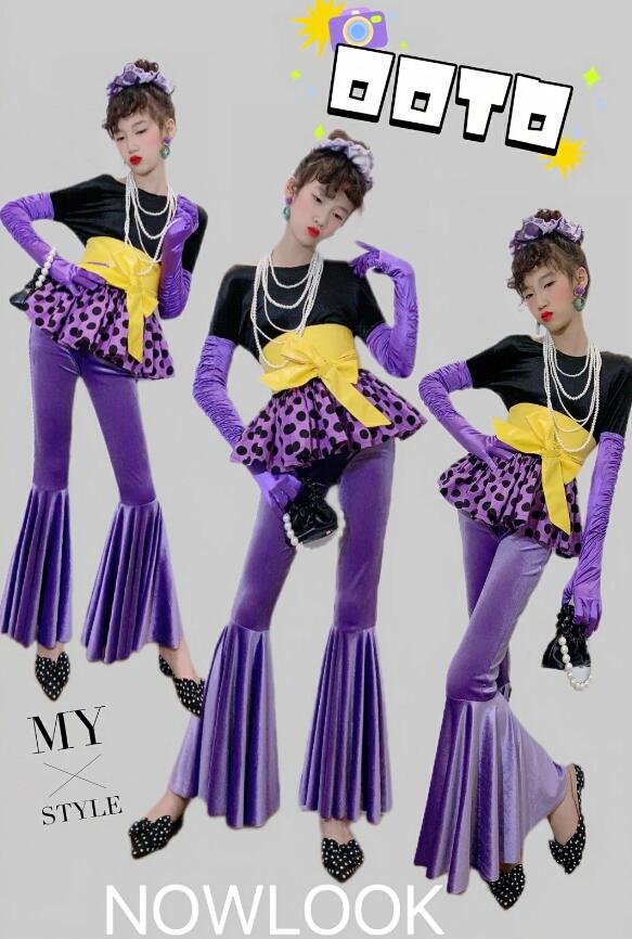 樂天商城 - キッズ レトロ風 パープルパンツ ドット柄フリル裾トップス ラテンダンス フレアパンツ 復古風 ヒップポップ ジャズダンス デスコ風 ラッパパンツ モデル 演出服 団体 チアガール イベント ステージ衣装 文化祭 子供演出服 社交ダンス コスチューム 撮影衣装 キッズ HIPHOP