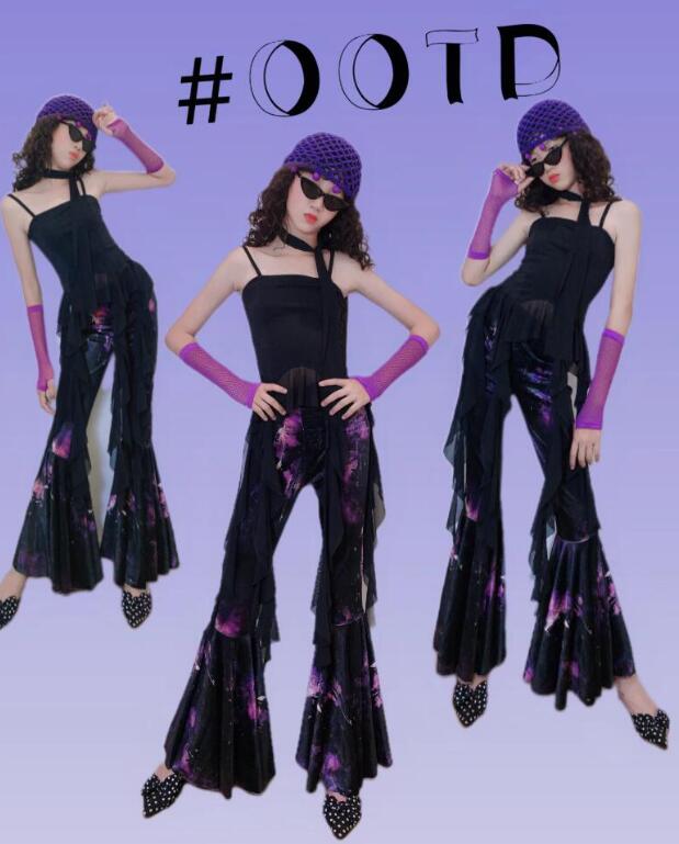 樂天商城 - キッズダンス衣装 レトロ風 キャミソールトップス フリル付きラッパパンツ 子供ダンス服 ラテンダンス パンタロン ラップパンツストレッチ 演出 ガールズ 団体 チアダンス ステージ チーム hippop イベント ファッションショーラテンダンス 復古風 社交ダンス