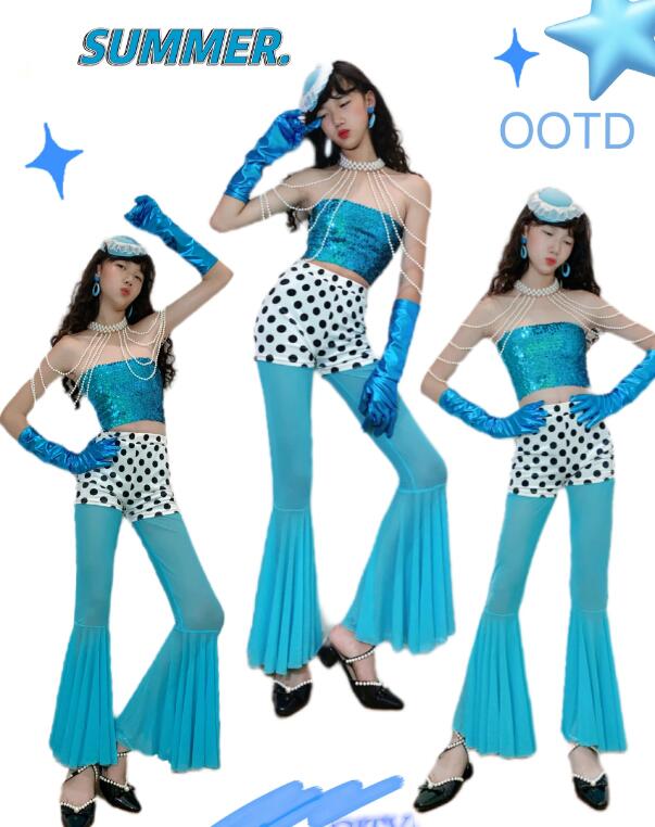樂天商城 - キッズ 水色 ドット 切り替えパンツキッズダンス衣装 キッズダンス衣装 レトロ風 子供服 ジャズダンス ラップパンツ ダンス衣装 演出 ガールズ 団体 チアダンス ステージ チーム hippop イベント 女の子 110-170cm ラテンダンス 復古風