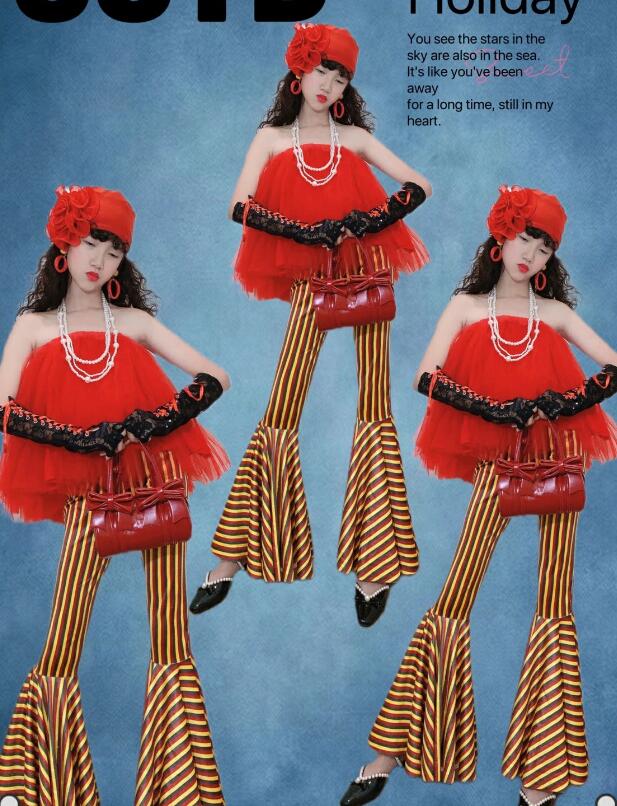 樂天商城 - 子供ダンス衣装 ストライプ柄パンツ レトロ風キッズダンス衣装 女の子 子供ダンス服 パンタロン ゆったりトップス 　飄逸 ストレッチ 演出 ガールズ 団体 チアダンス ステージ チーム hippop イベント ファッションショーラテンダンス 復古風 社交ダンス