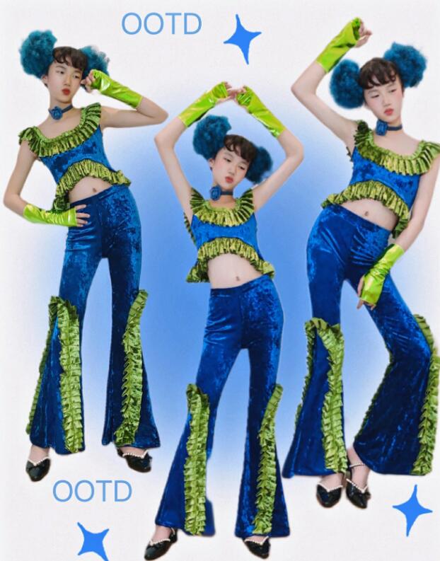 樂天商城 - 女の子ダンス衣装 フリル付きトップス へそ出しトップス レトロ風キッズダンス衣装 女の子 子供ダンス服 パンタロン 　飄逸 ストレッチ 演出 ガールズ 団体 チアダンス ステージ チーム hippop イベント ファッションショーラテンダンス 復古風 社交ダンス