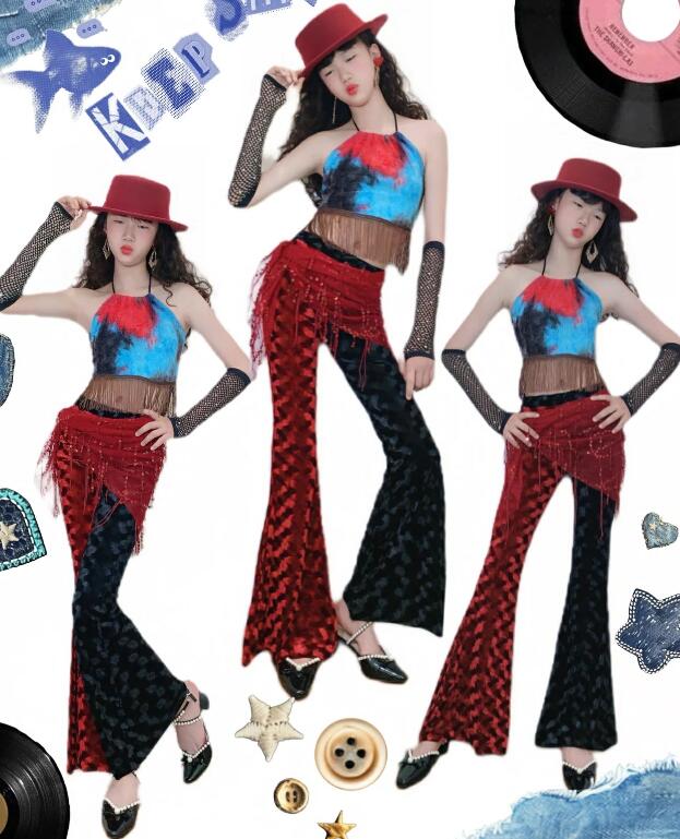 チェック柄パンツ 女の子ダンス衣装 フリンジ付きトップス へそ出しトップス レトロ風キッズダンス衣装 女の子 子供ダンス服 パンタロンストレッチ 演出 ガールズ 団体 チアダンス ステージ チーム hippop イベント ファッションショーラテンダンス 復古風 社交ダンス