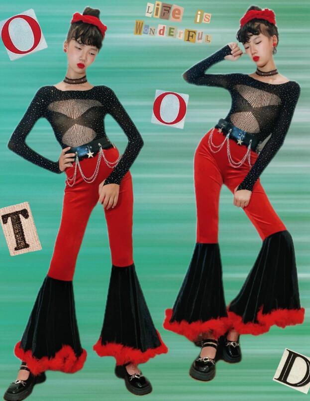 樂天商城 - 女の子 ジャズ ダンス衣装 子供服 可愛いフレアパンツ 切り替え 子供ダンス衣装 ジャズダンス衣装　肌透トップス ラッパパンツ レトロ風キッズダンス衣装 パンタロンストレッチ 演出 ガールズ 団体 チアダンス ステージ チームイベント ラテンダンス 復古風 社交ダンス