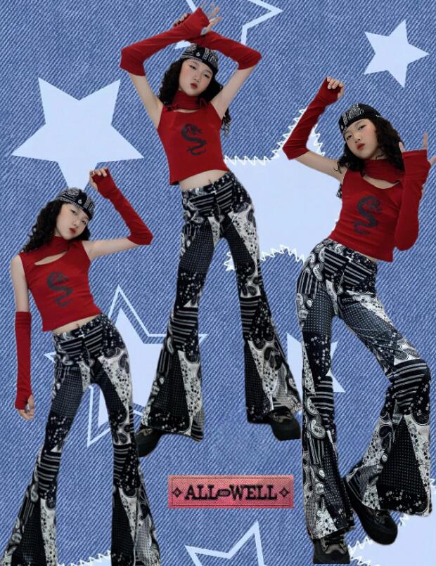 Rakuten - 女の子ダンス衣装 ラッパパンツ ジャズダンス衣装　タンクトップトップスラッパパンツ レトロ風キッズダンス衣装 パンタロンストレッチ 演出 ガールズ 団体 チアダンス ステージ チーム hippop イベント ファッションショーラテンダンス 復古風 社交ダンス