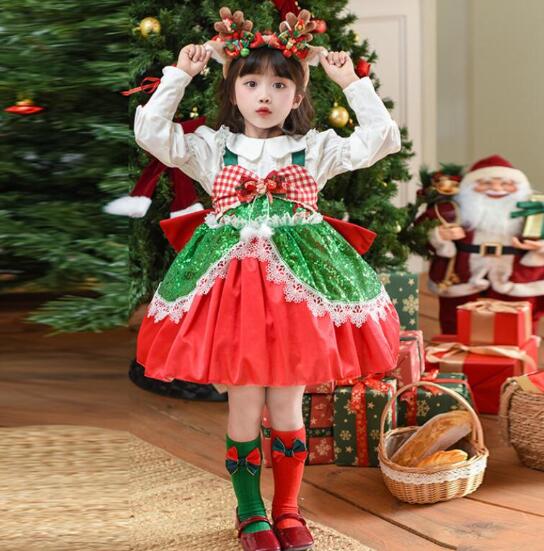 樂天商城 - サンタコスプレ衣装 女の子 クリスマス ロリータワンピース キッズキャミソールワンピース スパンコール付き シャツ追加可能 長袖シャツ 可愛い リボン付き スパンコールドレス クリスマス マント 女の子 クリスマス衣装 舞台演出服 グリーン