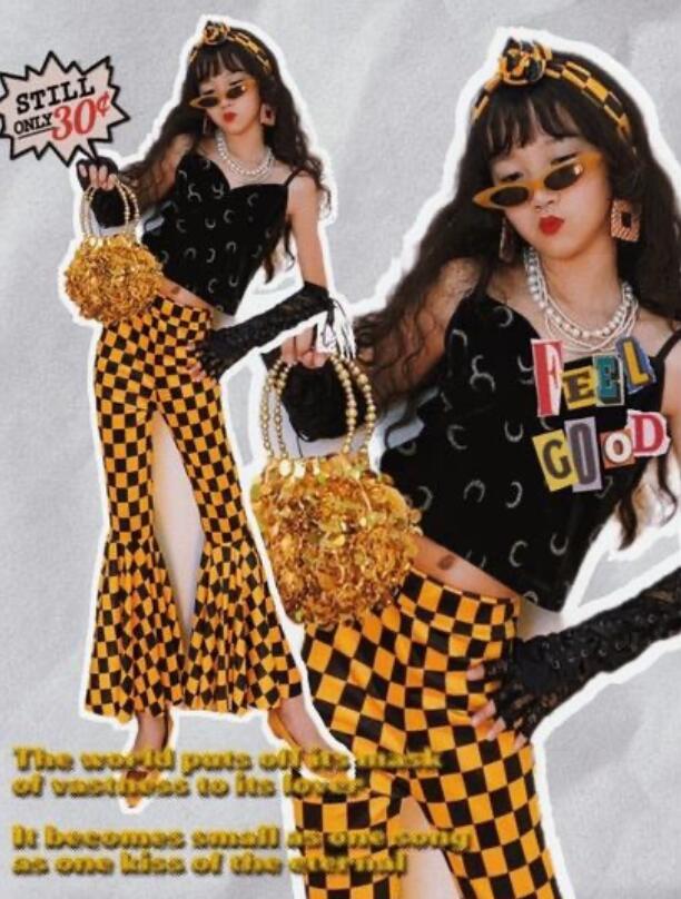 Rakuten - チェック柄パンツ 女の子ダンス衣装 ラッパパンツ ジャズダンス衣装キャミソールトップスラッパパンツ レトロ風キッズダンス衣装 パンタロンストレッチ 演出 チアダンス ステージ チーム hippop イベント ファッションショーラテンダンス 復古風 社交ダンス