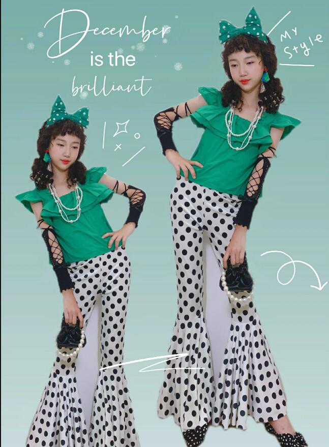 Rakuten - 水玉柄パンツ キッズダンス衣装 女の子 ダンス衣装 フレアパンツ 復古 ジャズダンス 袖なしフリル トップス レトロ デスコ風 ラッパパンツ モデル 団体 チアガール イベント ステージ衣装社交ダンス コスチューム 撮影衣 HIPHOP 香港風 原宿 時代感 発表会 応援団