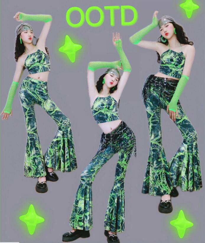 樂天商城 - 総柄ラッパパンツ キッズダンス衣装 女の子 ダンス衣装 フレアパンツ 復古 ジャズダンス キャミソール トップス レトロ デスコ風 ラッパパンツ モデル 団体 チアガール イベント ステージ衣装社交ダンス コスチューム 撮影衣 HIPHOP 香港風 原宿 時代感 発表会 応援団