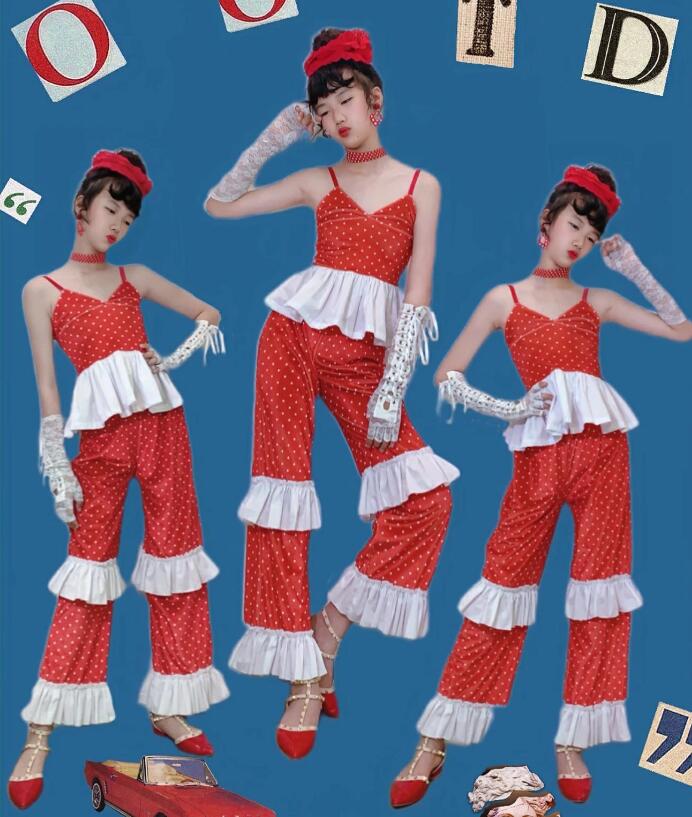 水玉柄ラッパパンツ キッズダンス衣装 女の子 ダンス衣装 フレアパンツ 復古 ジャズダンス キャミソー..