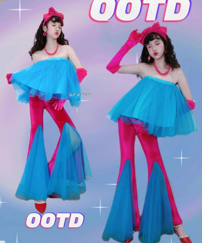 樂天商城 - ラッパパンツ シフォン切り替え キッズダンス衣装 女の子 ダンス衣装 フレアパンツ 復古 ジャズダンス ゆったりトップス レトロ デスコ風 ラッパパンツ モデル 団体 チアガール ステージ衣装社交ダンス コスチューム 撮影衣 HIPHOP 香港風 原宿 時代感 発表会 応援団
