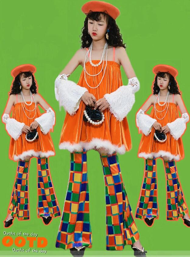 樂天商城 - 子供ダンス衣装　キャミソールトップス チェック柄パンツ 子供ダンス衣装 キッズダンス衣装 復古風ダンス衣装 ダンス衣装 ジャズダンス レトロ デスコ風 モデル 団体 チアガール ステージ衣装社交ダンス コスチューム 撮影衣 HIPHOP 香港風 原宿 時代感 発表会 応援団