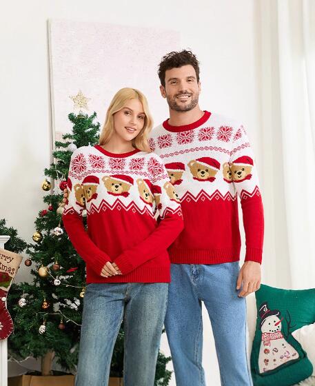 樂天商城 - 親子 クリスマス風セーター 熊柄 レディース　メンズ　キッズセーター 赤 カップルペア クリスマスニットセーター 長袖 サンタクロース カジュアル風 秋物 秋冬 普段着 クリスマスパーティー ニットウェア カットソー ニットソー クリスマスプレゼント サンタクロース