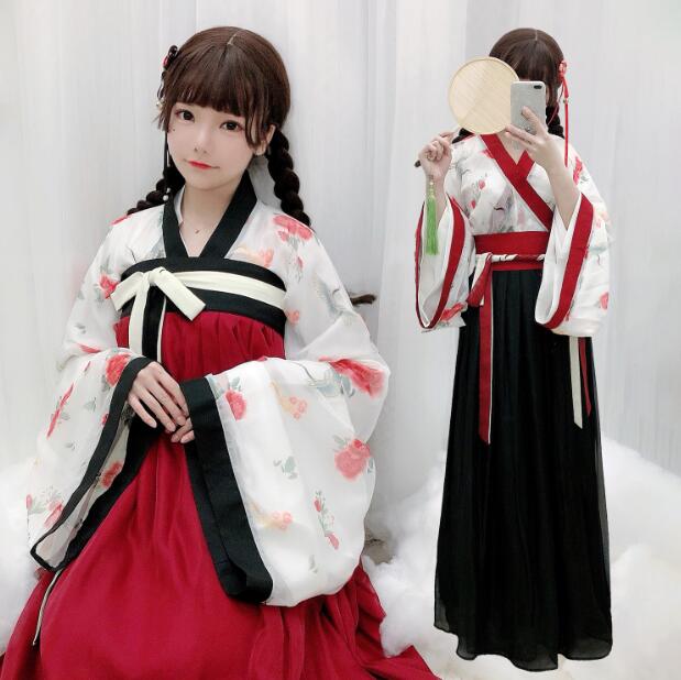 Rakuten - 着物 漢服 コスプレ衣装 レディース 可愛いチャイナ服 改良中華服 唐装 チャイナドレス 和風 着物ドレス 花柄広袖留袖羽織＋インナー羽織＋ロングスカート 3点セット お姫様 漢時代 昭和 ハロウィン コスチューム 仮装 変装 縁取り 黒 ワインレッド
